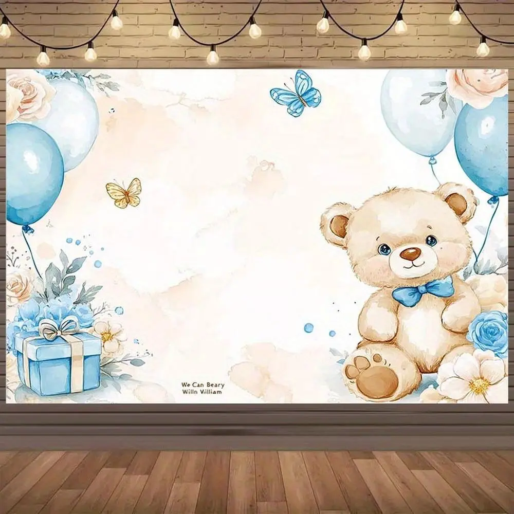 1pc 2D Flat Adorable Teddy Bear Backdrop with Blue Balloons, Butterflies, Flowers & Gift Box - Durable Polyester Fabric for Birthday Parties, Baptisms, Graduations, Youngsters Showers - No Elect