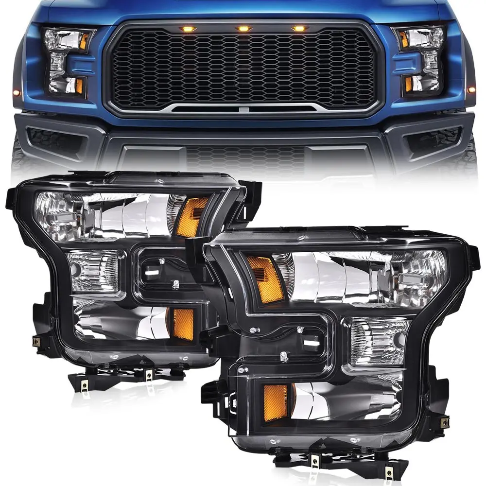 Clear Lens Corner Black Housing Headlights HeadLamps Cars Accessories Fit For 2015-2017 Ford F150  Amber Reflector Pair Pack Chrome Assembly Bright Upgrade Bulbs