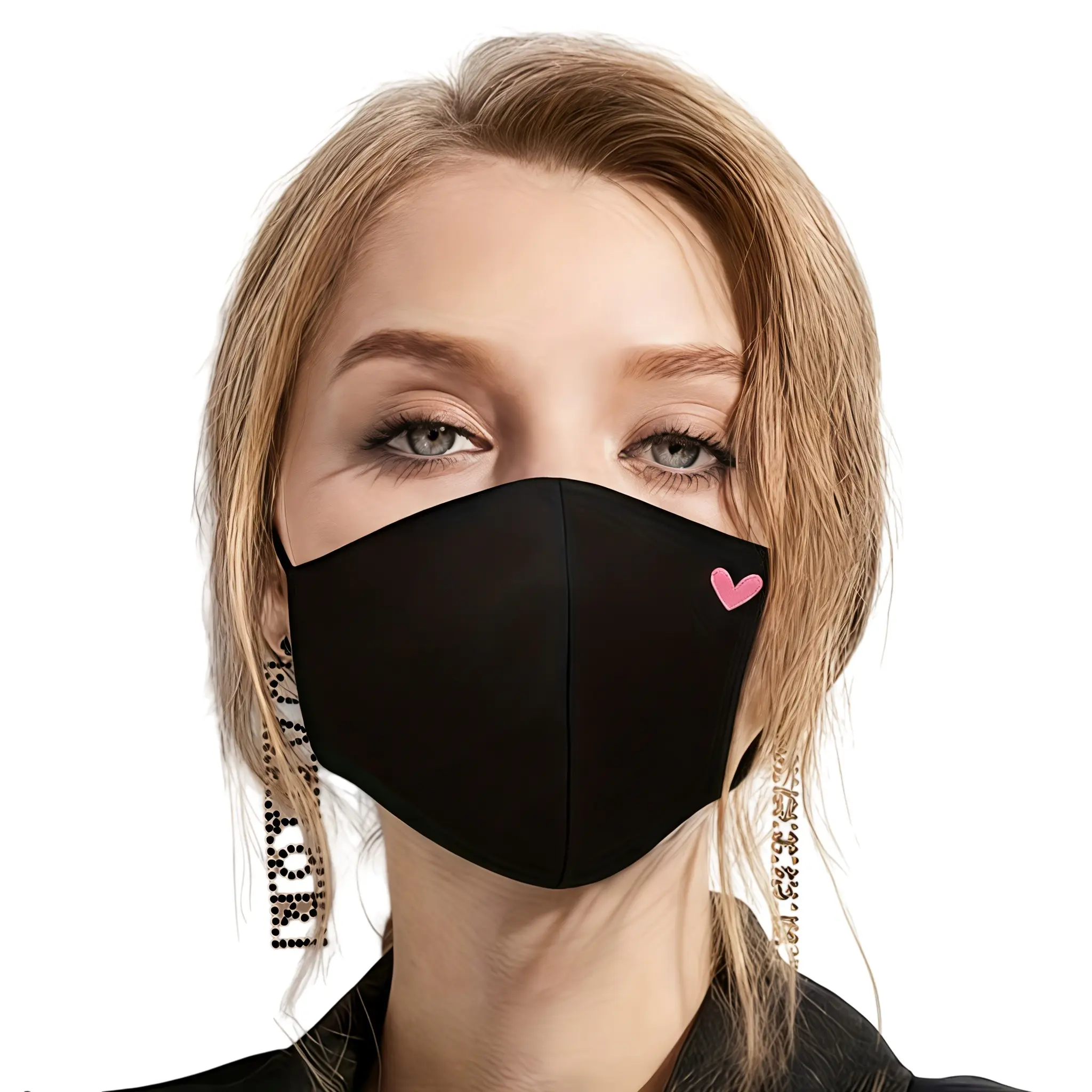 15-piece disposable mask set, black powder-heart printed mask, three-layer disposable mask, with elastic ear loops, Protective Mask, Protective Face Mask, Face Covering, Stylish Masks Print