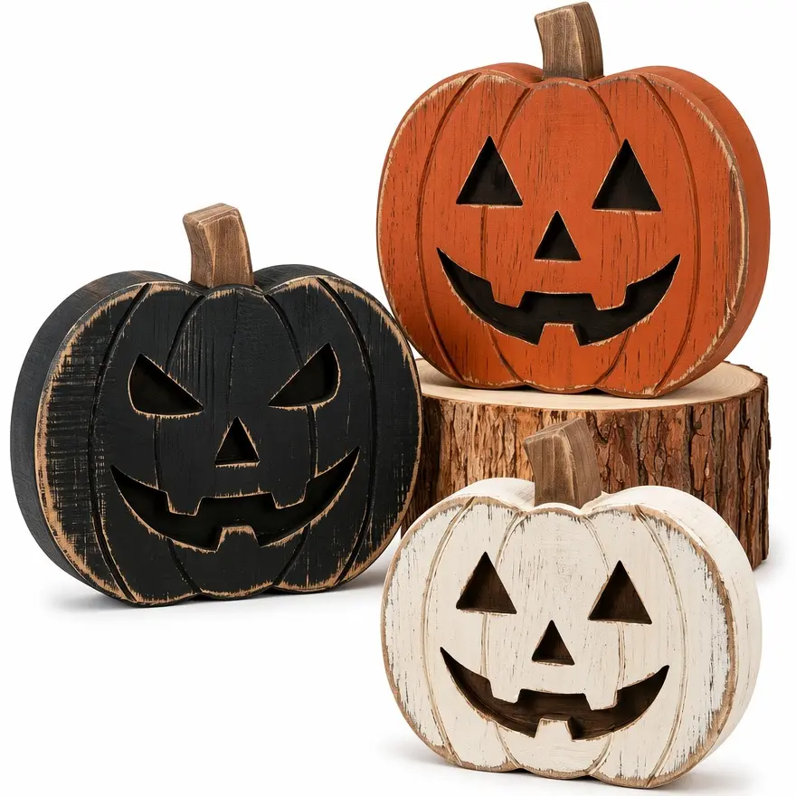 Halloween Tiered Tray Decorations, Wooden Pumpkin Ornaments, Halloween Party Table Centerpieces, Halloween Home Decor, Living Room, Dining Room, And Bedroom Decorations, Rustic Farmhouse-Style Decor, Halloween Festive Decorations