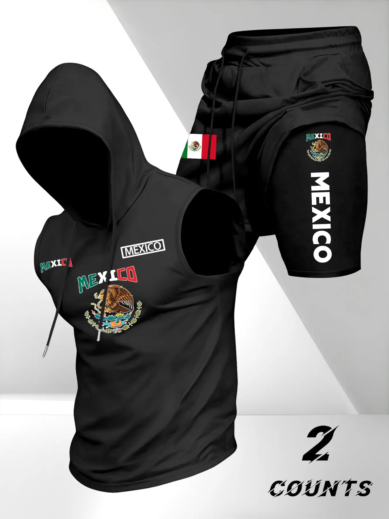 Men's 2-Piece Set Hooded Sleeveless T-Shirt + Fake Two-Piece Gym Shorts, Mexican Theme Print, Casual Summer, Sleeveless Gym Tops, Casual Athletic Sportswear, Athleisure Sportswear Set, Sports Outfit, Sporty Style Outfits, Exercise Clothing Set