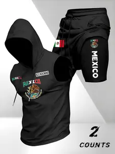 Men's 2-Piece Set Hooded Sleeveless T-Shirt + Fake Two-Piece Gym Shorts, Mexican Theme Print, Casual Summer, Sleeveless Gym Tops