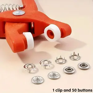 1 set includes 50 sets of metal buttons, one manual button pliers, and 50 buttons suitable for Clothing, Sewing Accessories, sewing, DIY crafts, clothes, hats, bags, and other industrial sewing supplies