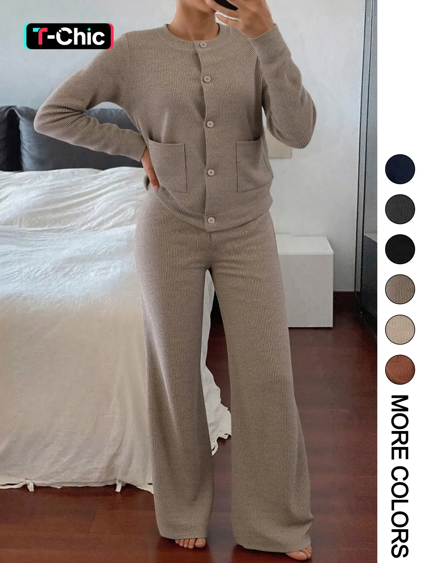 Women's Two-Piece Set, Womenswear Comfortable Casual Fitted Round Neck Long Sleeve Knitted Sweater Set with Pockets, High Waist Versatile Wide Leg Pants, Perfect for Daily Wear