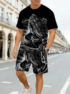 Men's New 3D Digital Print Comfortable Breathable Casual Sporty Sports Set, Athletic Tracksuit Set, Geometric Pattern, Fitted Short Sleeve Tee, Track Shorts, Sportswear Set, Casual Gym Wear, Summer Activewear, Summer Sports Clothes, Sports Clothing Set