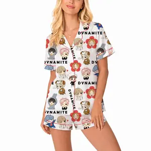 Kpop Tour Comeback Satin Pjs Set, Idol Chibi Sleepwear, Button Up PJ Set, Cute Nightwear Gift For Kpop Fans