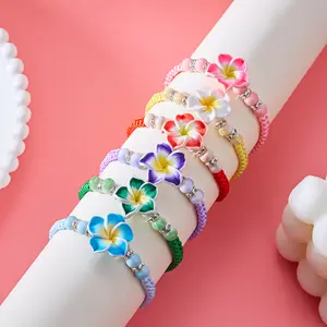 Women's 2026 New 2Pcs Polymer Clay Plumeria Flower Bracelets Hand-Woven Colorful Bohemian Adjustable Braided Rope Summer Dopamine Aesthetic Wrist Jewelry for Girlfriend bff Female Daily & Vacation Use Bracelets for Women