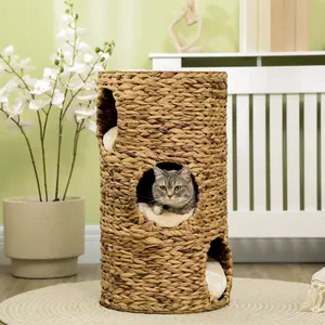 PawHut Elevated Cat Bed with Three Hideaways & Four Soft Plush Cushions, Cat Tower with Hand-Woven Materials, Multi-Layer Raised Kitten Bed Caves