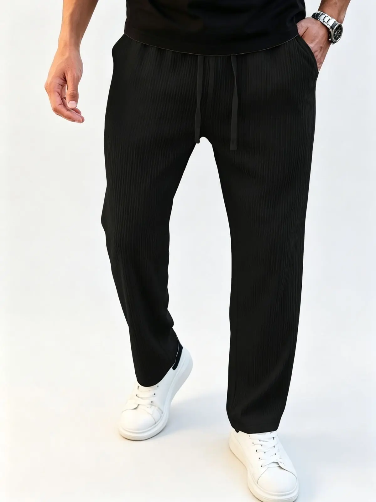 Men's Chic Vertical Striped Trousers, Loose-Fitting Straight-Leg Style with a Mid Waist and Colorblock Drawstring, Menswear, Stylish, Casual, Elastic Waist, Machine Washable, Pants, Textured, Fabric, Long, Polyester, Breathable, M