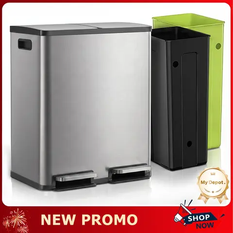 MyDepot 16gal Dual-Chamber Rectangle Stainless Steel Bin - Pedal Open, Lid, Fingerprint-Resistant Finish, 19x14.8x26.5in Divided Organizer Waste & Recycling Bucket for Kitchen Household Decor
