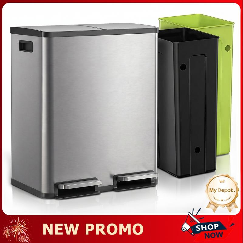 MyDepot 16gal Dual-Chamber Rectangle Stainless Steel Bin - Pedal Open, Lid, Fingerprint-Resistant Finish, 19x14.8x26.5in - Home Goods Trash Can for Kitchen, Waste & Recycling Storage for Bathrooms/Offices