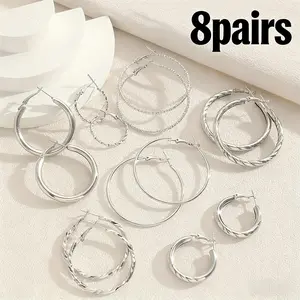 8pairs Stainless Steel 30/40/50/60 mm Silver Hoop Earrings for Women Hypoallergenic Big Thin Lightweight Dangle Set perfect as a gift for her.