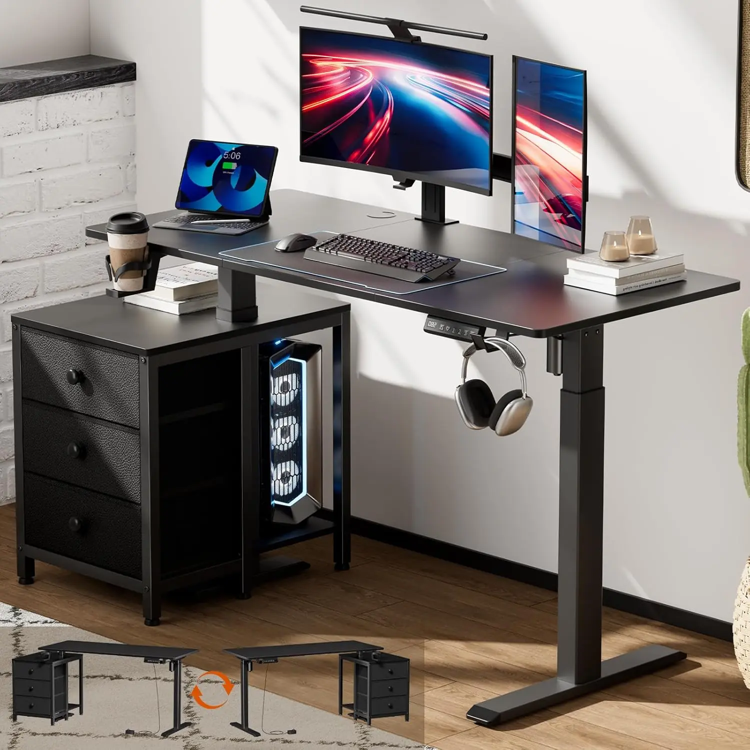 Electric Standing Desk with Drawers, 47 x 24 Inches Height Adjustable Sit Stand Desk with Storage, 3 Memory Preset Home Office Computer Desk, Printer Cabinet, 2 Hooks, Cable Management