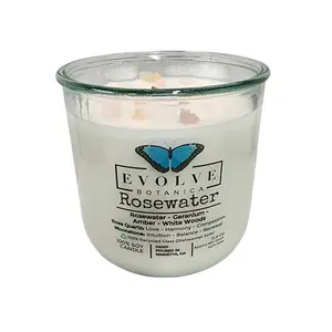 Rocks Candle - Rosewater (Wood Wick, Rose Quartz (Love, Harmony), Moonstone (Intuition, Growth), Soy Candle)