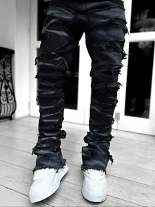 Men's Solid Color Ripped Slim Jeans Fashion Slim Fit, Casual Comfy Denim Pants for Daily Wear, Fashion Men's Bottoms for All Seasons, Cotton, Casual Friday Jeans