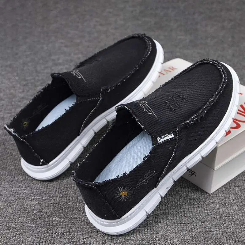 Women's Stylish Slip-On Shoes - Casual Fashion Footwear with Distressed Frayed Detailing, Embroidered Accents, Effortless Wear, Everyday Comfort, Slip-On Style, Casual Wear, Cute, Women's Shoes