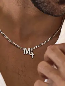 Men's Silver Color Initial Cross Pendant Necklace, Classic Stainless Steel Cuban Chain, Casual Style, All Seasons Jewelry