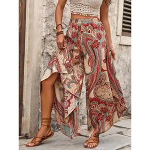 Women’s ethnic-pattern wide-leg pants, everyday high-waisted faux pants, spring and autumn casual women’s underwear, bohemian women’s clothing, elastic-waist pants, casual loose pants GARMENTARY