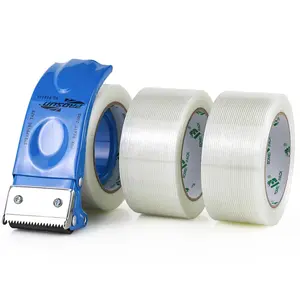 Strapping Tape 2Inch with Dispenser, Mono Fiberglass Reinforced ing Tape with String for Shipping, 3Rolls x 5.5Mil x 35Yds, Total 105Yds