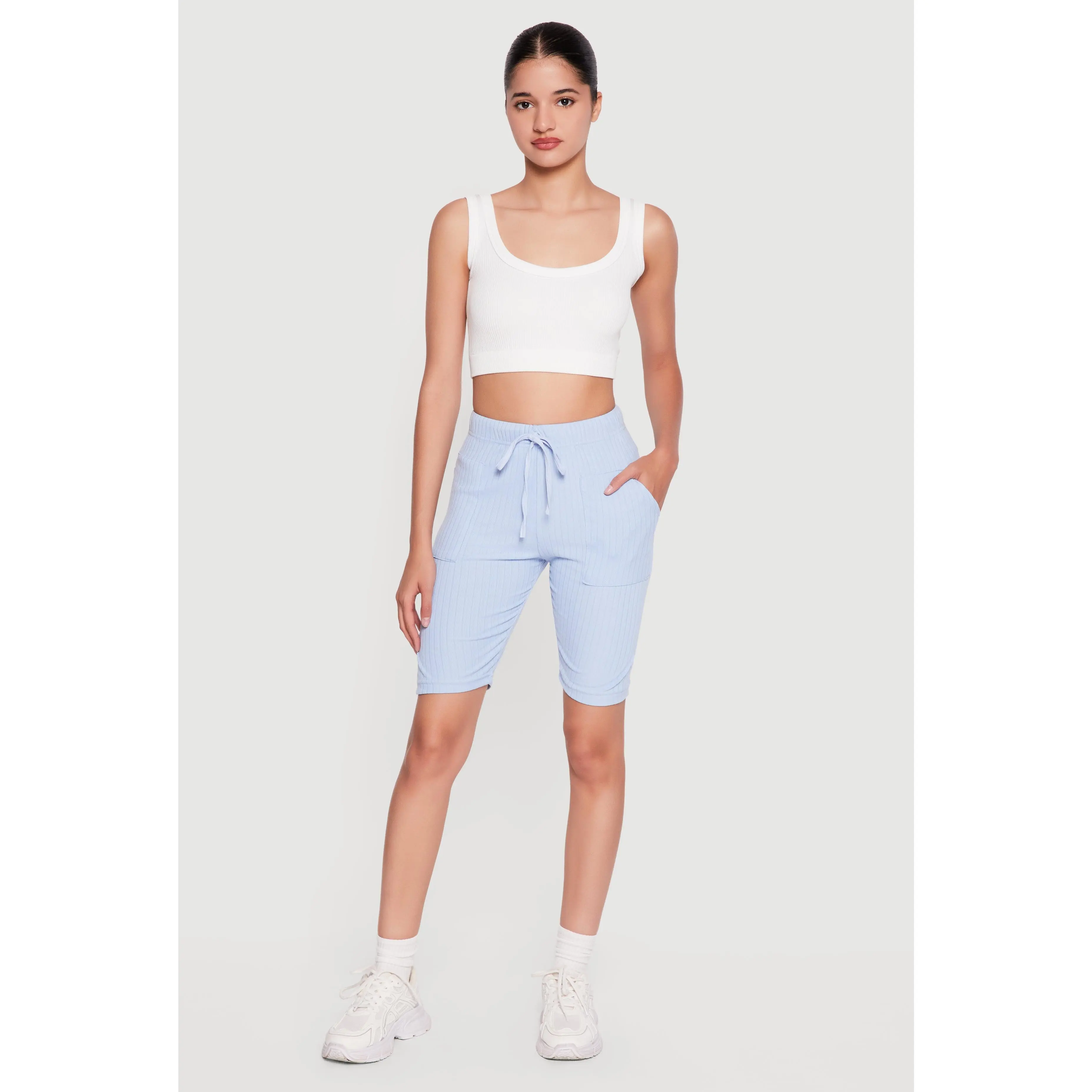 Faux Drawstring Waist Ribbed Knit Shorts