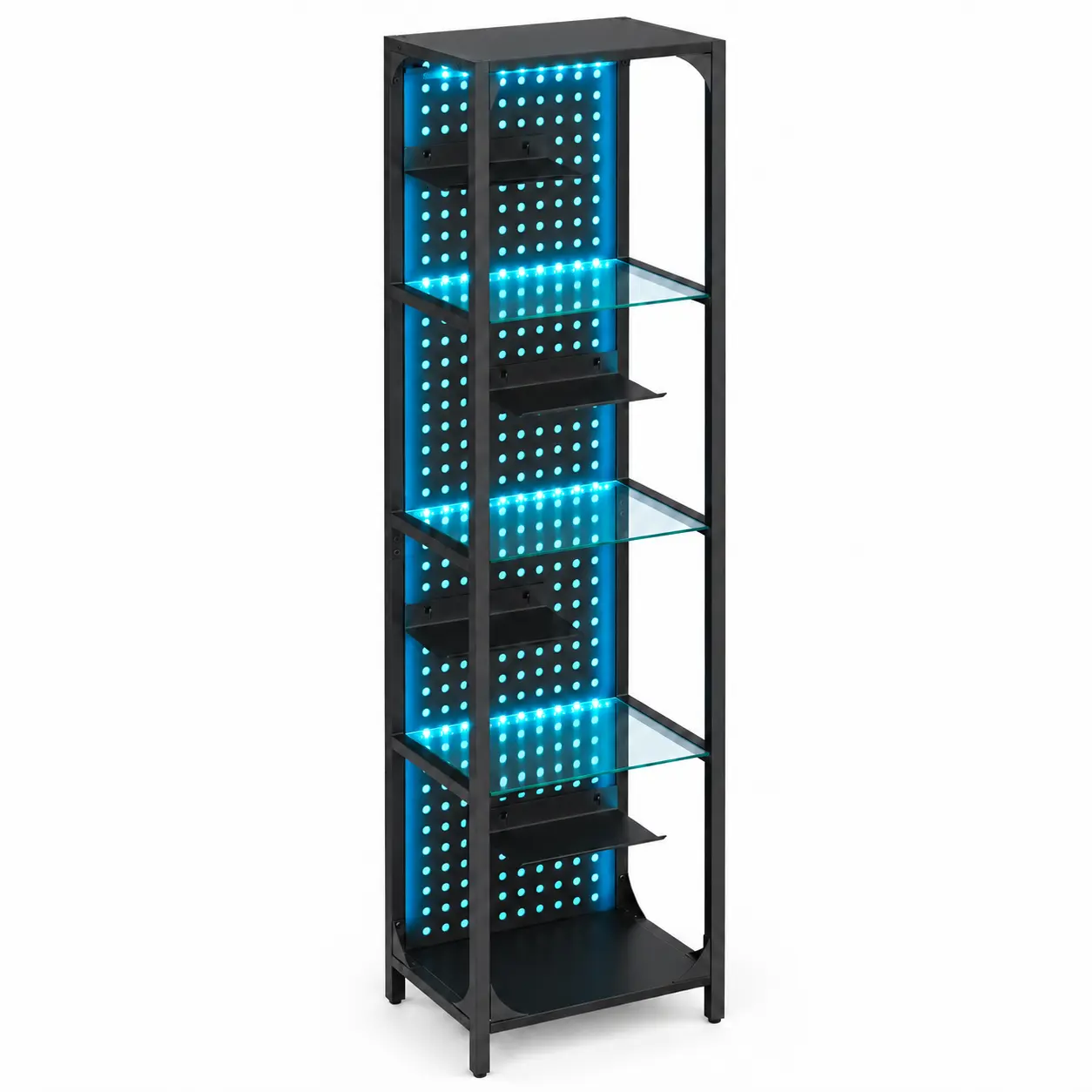 4-Layer Tall Narrow Tempered Glass LED Shelf with Steel Frame, Pegboard & Adjustable Shelf - Home Organizer Storage Rack with Ambient Lighting, Ideal for Bedroom Collectibles, Jewelry & Curio Cabinet Needs (Small-Space Solution)