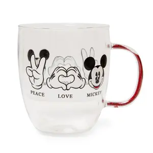 Disney "Peace Love" Mickey Mouse Glitter Handle Glass Mug | Holds 14 Ounces