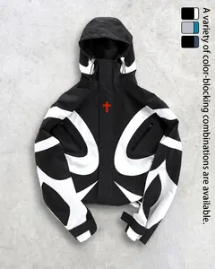 Lightweight Windbreaker Varsity Jacket Cross Print Adjustable Hood Drawstring Hem Zip Up Colorblock Hooded Jacket Unisex Techwear Streetwear Outdoor Layer Casual Sport Coat Men Women Spring Fall Festival Daily Wear Campus Loose Fit Outerwear Fashion Looks