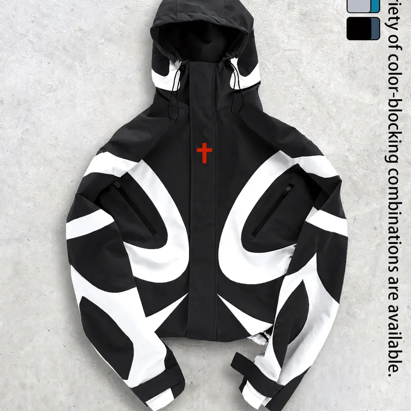 Men's Retro Vintage Baggy Cross-Print Hooded Zip-Up Techwear Windbreaker Jacket - Textured Woven Fabric, Waterproof, Long-Sleeve, Lightweight, Unisex Fit, Patchwork, Outdoor/Biker Streetwear, Work Top