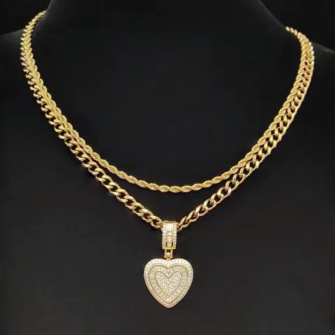 2Pieces/Set  Men or Women Hiphop Love Heart Pendant Necklace Fashion  Vintage Hip Hop Chunky Necklace Is Perfect For Party Or Everyday valentine Gifts Cuban Link Chains Necklace Chunky Chain Jewelry