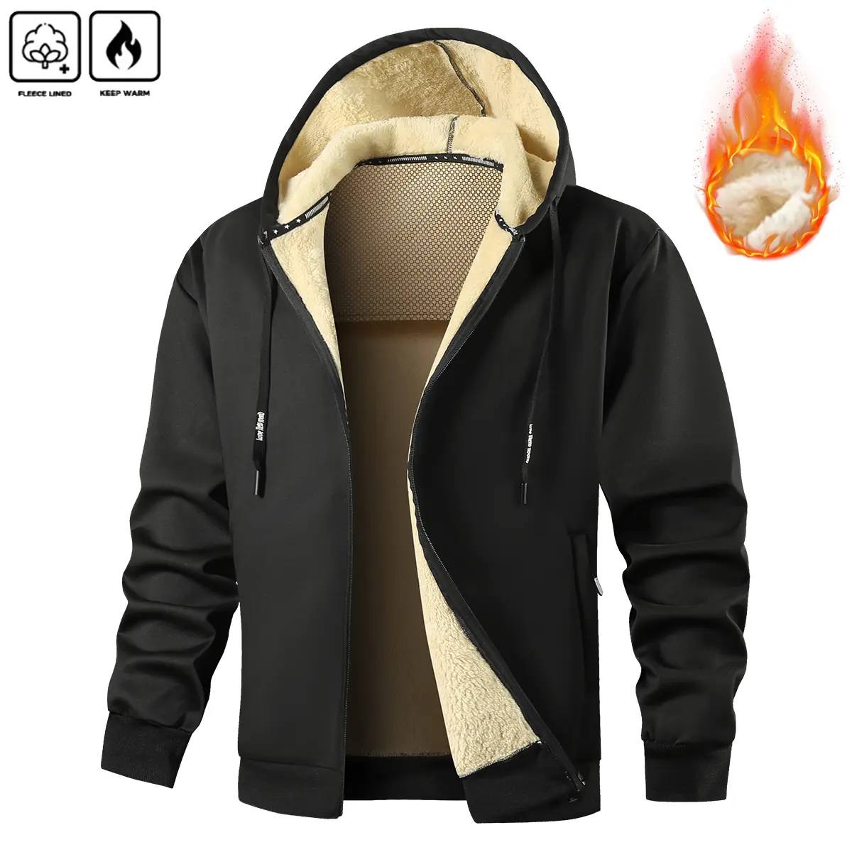 Men’s hooded sweatshirt cardigan with fleece lining, thickened for warmth; stylish fleece hoodie; comfortable loose drawstring hoodie; autumn/winter menswear; men’s casual hoodie with zippered pocket; suitable for winter and autumn.