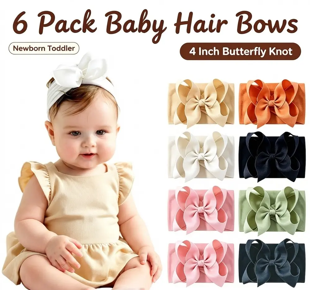 6 Pack 4 Inch Butterfly Knot Baby Hair Bows Headbands, High Elastic Soft Hair Accessories for Newborns & Toddlers, Cute Infant Shower Gift