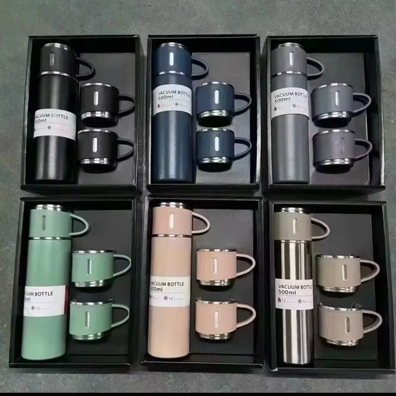 6 Sets 500ml Stainless Steel Vacuum Flask Gift Sets with 2 Cups – Insulated Hot & Cold Thermos, Assorted Colors