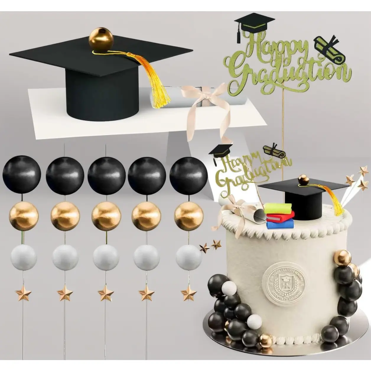 26-Piece 2026 Graduation Cake Topper Ornaments Set - Black, White, Gold Caps, Diploma, Books & More for High School, College Cake, Cupcake Party Decorations
