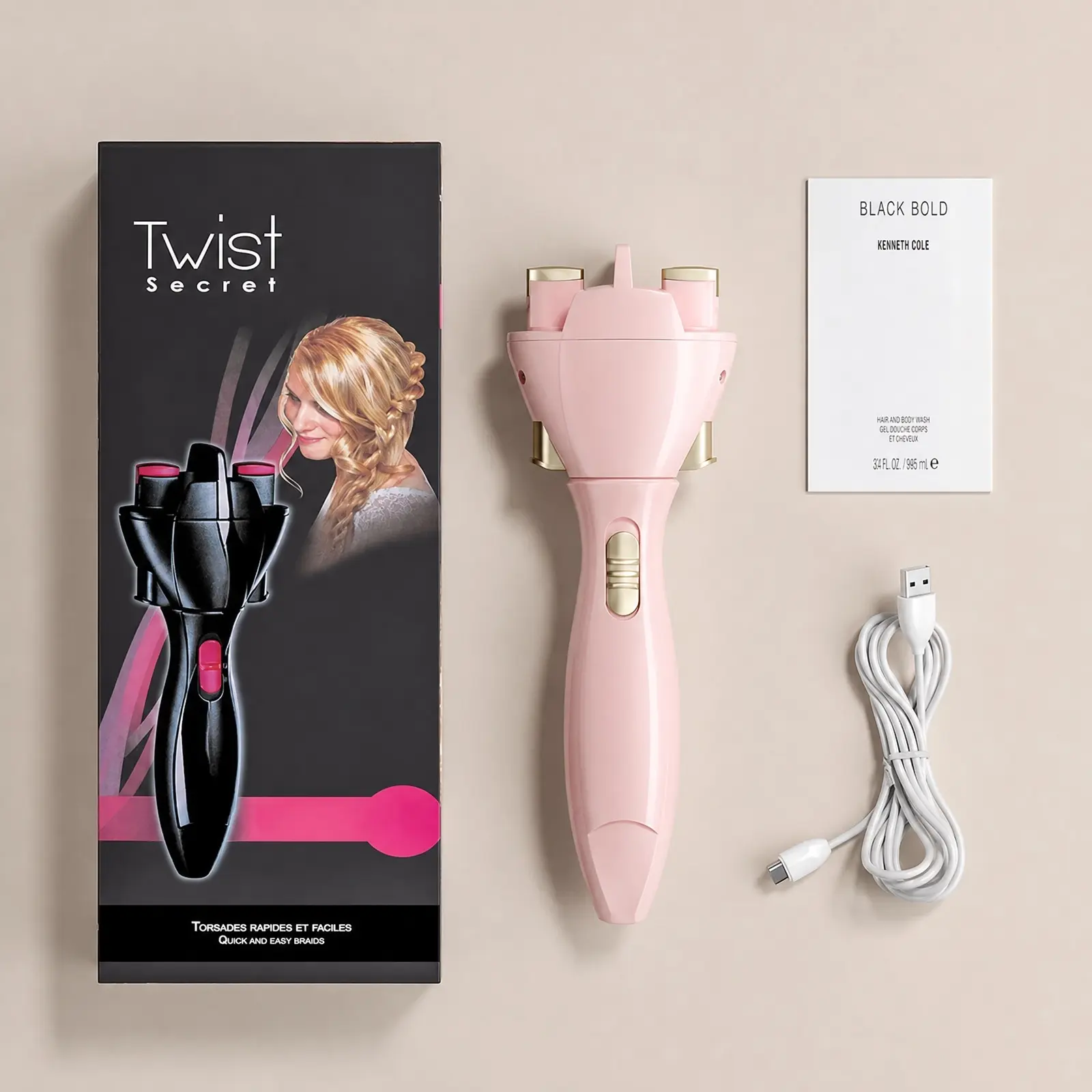 Pink Rechargeable Automatic Hair Braider - 1-Button Electric Quick Styling Tool for Women & Girls - Creates French Braids, Buns, DIY Updos