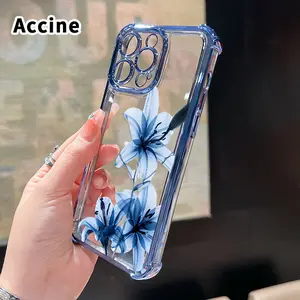Blue Lily Grace Pattern Four Corner Anti-Fall Phone Case Transparent Electroplated Protective Cover for iPhone  17 16 Pro Max 15 Plus Air 14 13 12 11 E