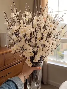 12/24Pcs Spring Artificial Flowers White Plum Silk Blossom 21.7'' Fake Wintersweet Long Stem Plastic Faux Flowers for Home Hotel Office Wedding Party Garden Centerpieces All Season Decor Decoration Ornaments(vase not included)