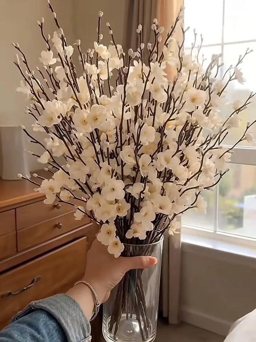 12/24Pcs summer Artificial Flowers White Plum Silk Blossom Fake Wintersweet Long Stem Plastic Faux Flowers for Home Hotel Office Wedding Party Garden Centerpieces All Season Decoration room decorations Decorative aesthetic room decor