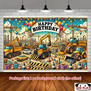 2D Flat Banner 1pc, Construction Site Happy Birthday Banner,   Party Backdrop, Multi - Purpose Festive Decoration, Yard, Studio, Home & Garden Celebrations, Photo Studio Background Cloth, Outdoor Event Decor,