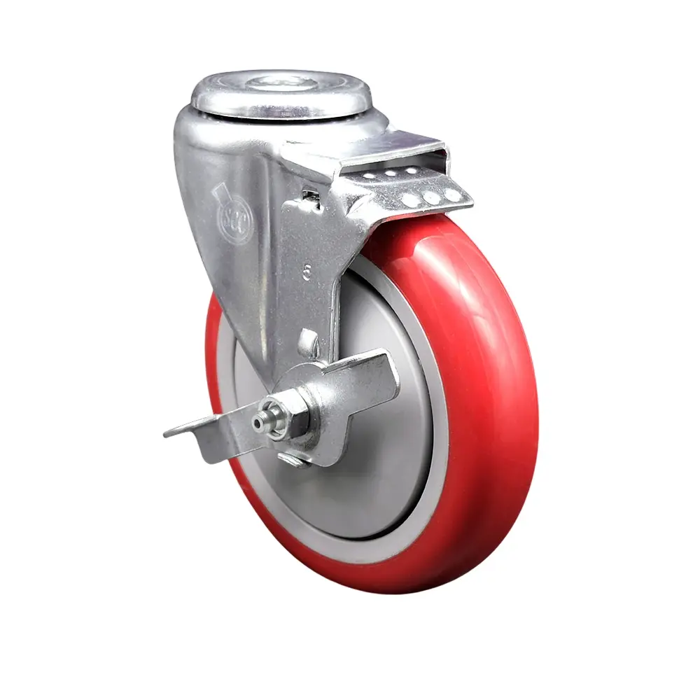 212 MAIN SCC-BH20S514-PPUB-RED-TLB Polyurethane Swivel Caster with Lockable Wheels, 5x1.25 in. Red Wheel, Top Locking Brake, Bolt-Hole Mount Design, Swivel Wheels