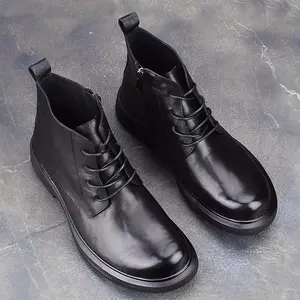 Men's high-top casual motorcycle leather boots, British-style work boots, round-toe business formal men's shoes