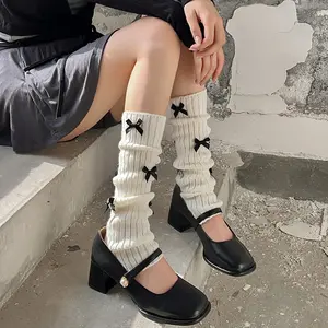 Women Knit Leg Warmers Harajuku Bow Decor Solid Color Long Socks Vintage Grunge Streetwear for Winter