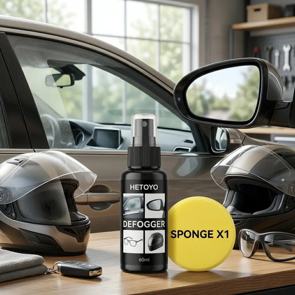 Long-lasting anti-fog spray, polyester liquid, easy-to-use anti-fog agent for windshields and interior windows, suitable for automotive glass, helmets, mirrors, glasses, and reflective surfaces.