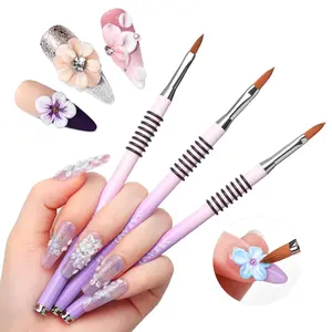 3D Acrylic Nail Art Brush Set: 3Pcs Professional Kolinsky Sculpture Brushes Sizes 2/4/5 Purple-Pink Gradient Non-Slip Grip Handle for Acrylic Application 3D Flower Designs Home DIY