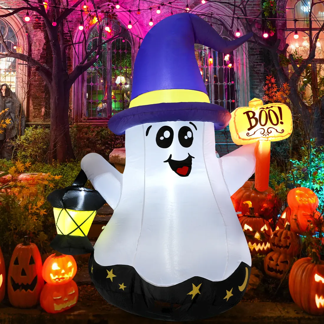 GOOSH 5 FT Halloween Inflatables Ghost Outdoor Decorations Blow Up Yard Cute Wizard Ghost with Hand-Held Light with Built-in LEDs for Garden Lawn Indoor Party Decor