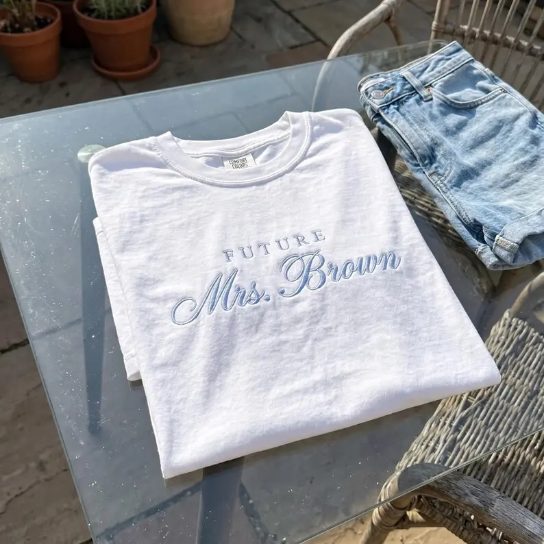 [Note] Comfort Colors Personalized Future Mrs Shirt, Embroidered Bride Name Tee, Minimalist Bridal Shower Shirt, Custom Wedding Gift