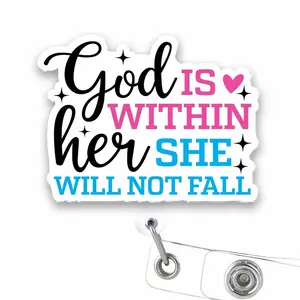 God Is Within Her She Will Not Fall Badge Reel, Psalm 46:5 Christian Scripture Retractable ID Holder Clip with Cross Charm KVJ