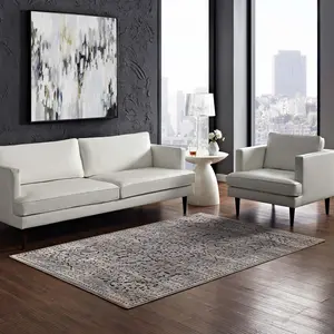 Modway Margarida Distressed Vintage Turkish 5x8 Area Rug in Blue and  Cream