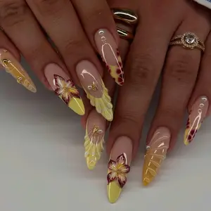 Yellow 3D Flower Press On Nails, Summer Beach Bridal Nails, Long Glam Shell Nails, Luxury Nail Art, Summer Nails, Gift For Her