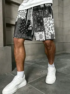 Vintage Bohemian Style Coconut Flower Elastic Waist Shorts, Summer Beach Streetwear, Casual Graphic Paisley Pattern, Fitted Design