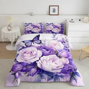 Purple Rose Super Soft Designer Comforter Set,Purple Butterfly Luxury Bedding Set,Flower Floral Comforter,Flower Plants Bedroom Home Decor Quilt Set